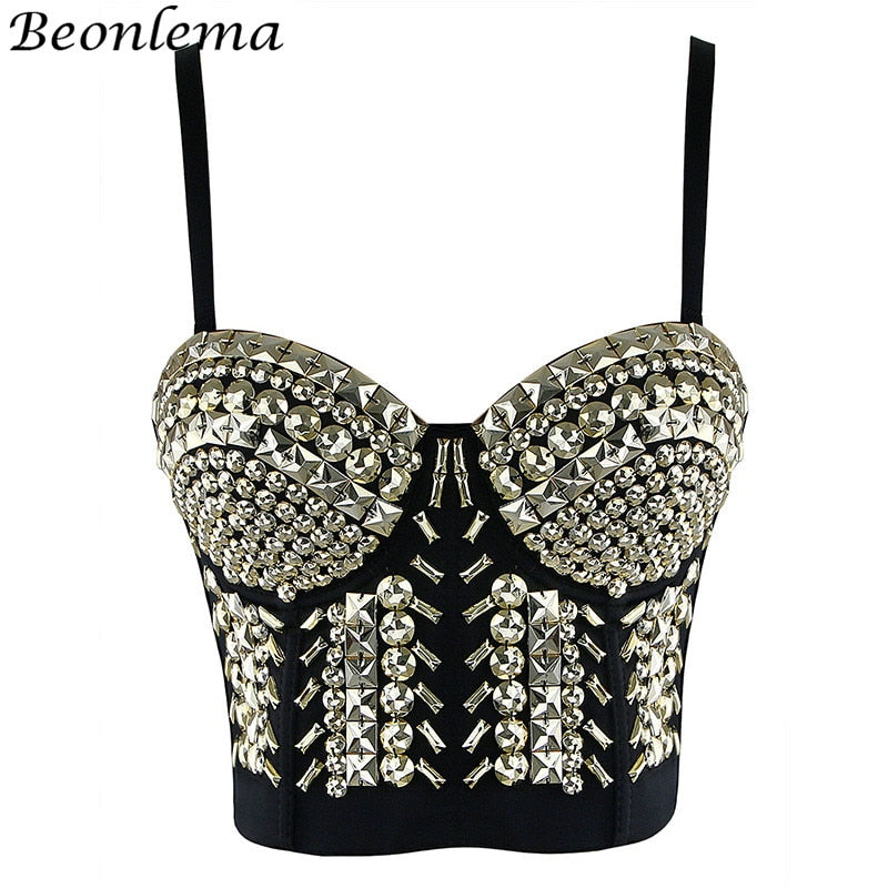 BEONLEMA Steampunk Corset Sexy Gold Silver Spike Bra Punk Goth Lenceria Shiny Bra Top 4 Rows Hooks Eyes for Women Club Wear Gold