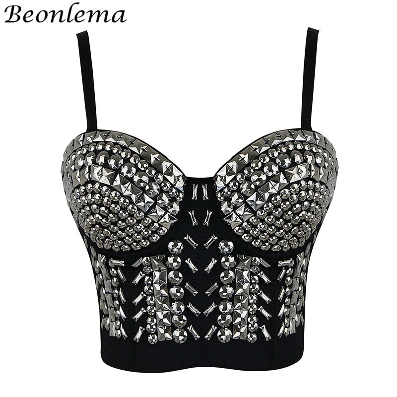 BEONLEMA Steampunk Corset Sexy Gold Silver Spike Bra Punk Goth Lenceria Shiny Bra Top 4 Rows Hooks Eyes for Women Club Wear AMAIO