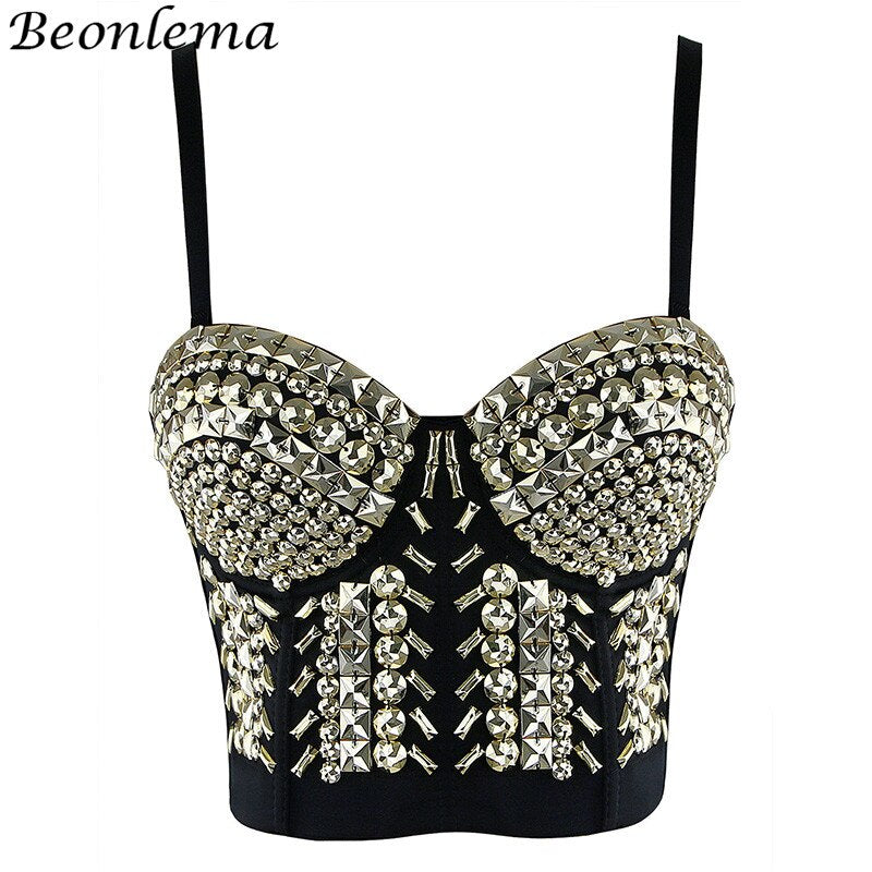 BEONLEMA Steampunk Corset Sexy Gold Silver Spike Bra Punk Goth Lenceria Shiny Bra Top 4 Rows Hooks Eyes for Women Club Wear