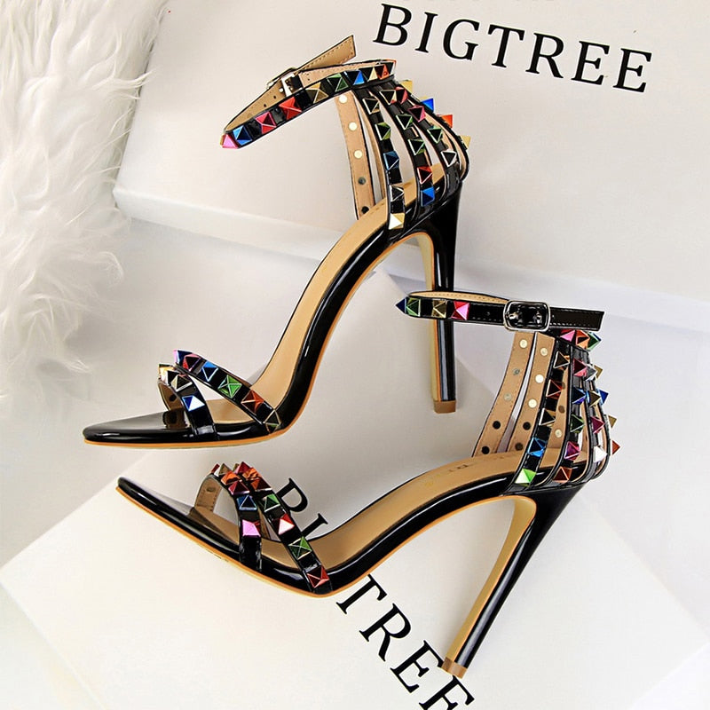 BIGTREE Shoes Color Rivets Women Sandals Roman Style Heeled Sandals Hollow Out High Heels Stiletto Sexy Party Shoes Sandals black
