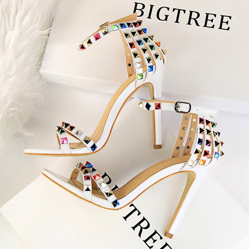 BIGTREE Shoes Color Rivets Women Sandals Roman Style Heeled Sandals Hollow Out High Heels Stiletto Sexy Party Shoes Sandals white