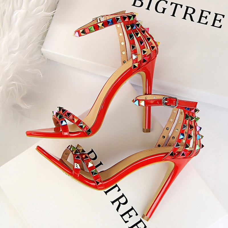 BIGTREE Shoes Color Rivets Women Sandals Roman Style Heeled Sandals Hollow Out High Heels Stiletto Sexy Party Shoes Sandals red