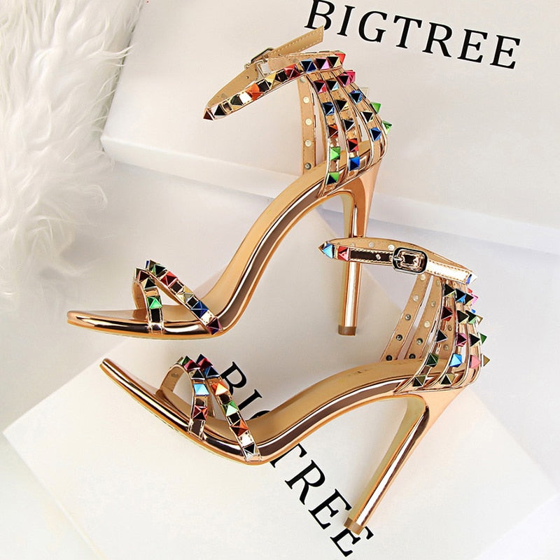 BIGTREE Shoes Color Rivets Women Sandals Roman Style Heeled Sandals Hollow Out High Heels Stiletto Sexy Party Shoes Sandals Champagne