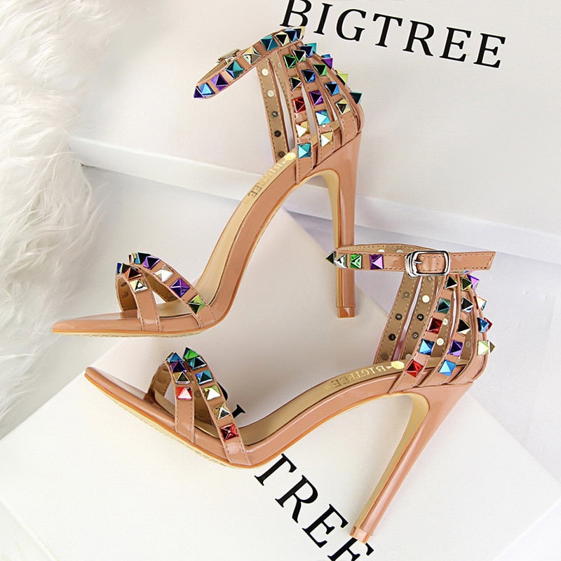 BIGTREE Shoes Color Rivets Women Sandals Roman Style Heeled Sandals Hollow Out High Heels Stiletto Sexy Party Shoes Sandals Nude