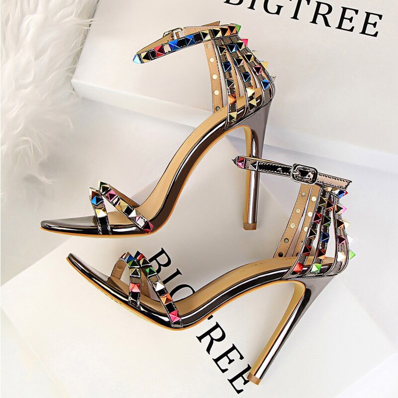 BIGTREE Shoes Color Rivets Women Sandals Roman Style Heeled Sandals Hollow Out High Heels Stiletto Sexy Party Shoes Sandals Bronze