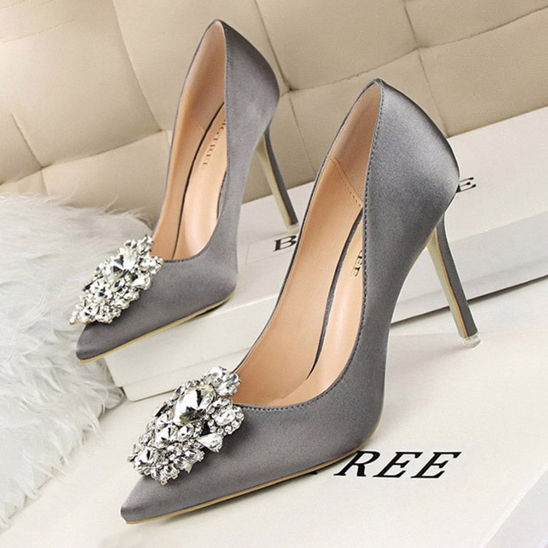 BIGTREE Shoes Rhinestone Women Pumps Stiletto Women Shoes Sexy High Heels Wedding Shoes Luxurious Women Heels Party Shoes Female gray