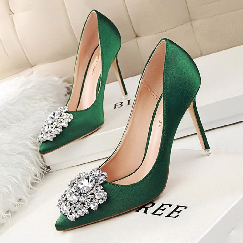 BIGTREE Shoes Rhinestone Women Pumps Stiletto Women Shoes Sexy High Heels Wedding Shoes Luxurious Women Heels Party Shoes Female green