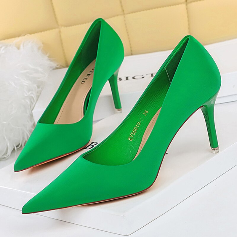 BIGTREE Shoes Satin Women Pumps 2024 New Purple High Heels Fashion Women Shoes Stiletto Luxury Noble Party Shoes Women Heels green-7.5cm