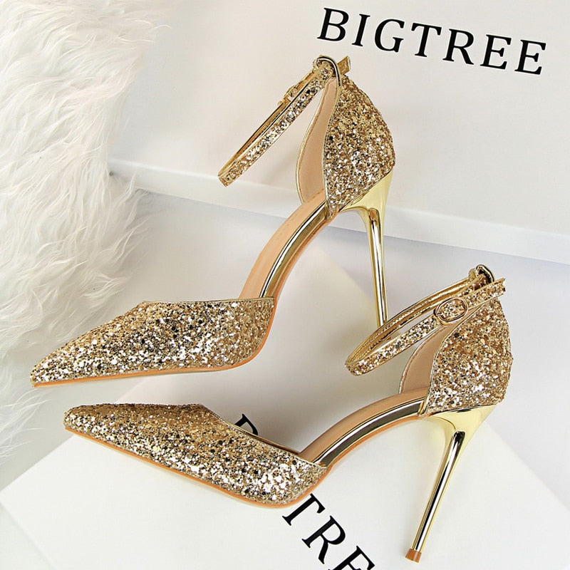 BIGTREE Shoes Sexy High Heels Women Pumps Sparkle Sequins Stiletto Heels 10 Cm Party Shoes Women Heels Summer Women Sandals New 283-1-gold9.5cm