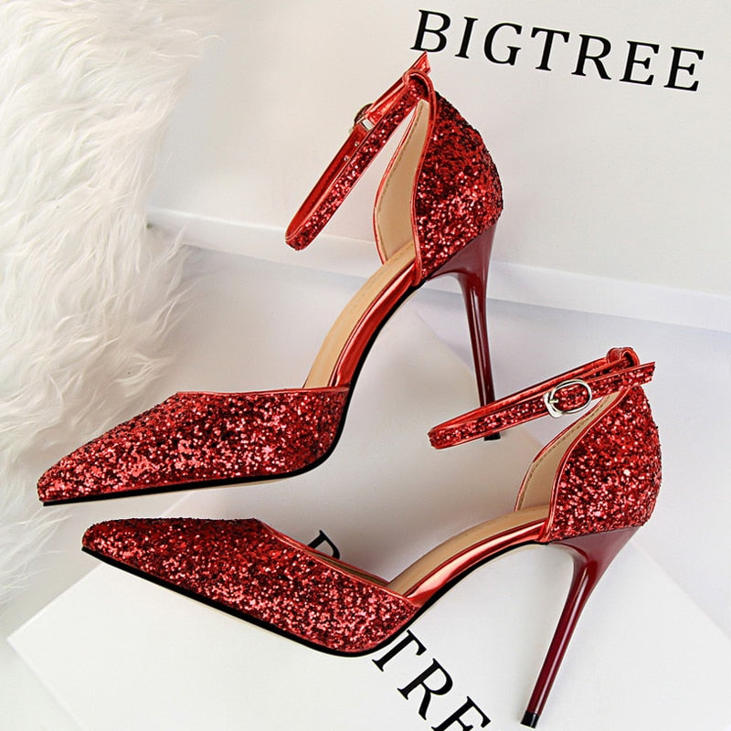 BIGTREE Shoes Sexy High Heels Women Pumps Sparkle Sequins Stiletto Heels 10 Cm Party Shoes Women Heels Summer Women Sandals New 283-1-red9.5cm