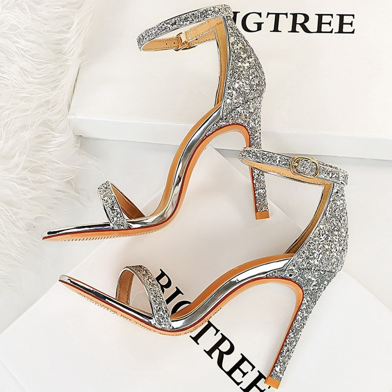BIGTREE Shoes Sexy High Heels Women Pumps Sparkle Sequins Stiletto Heels 10 Cm Party Shoes Women Heels Summer Women Sandals New sliver