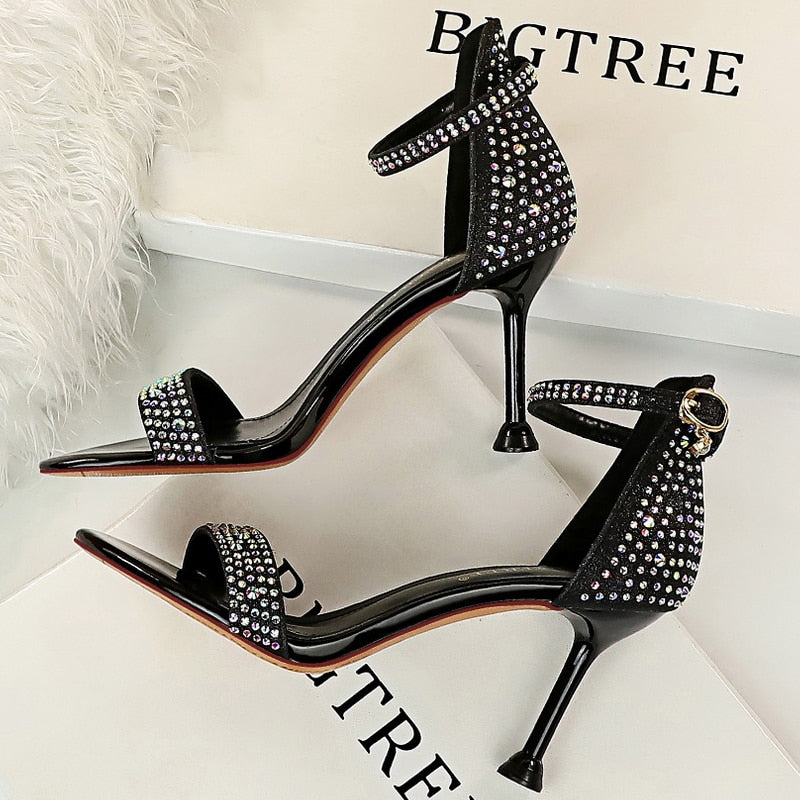 BIGTREE Shoes Sexy High Heels Women Pumps Sparkle Sequins Stiletto Heels 10 Cm Party Shoes Women Heels Summer Women Sandals New 1688-3-black8.5cm
