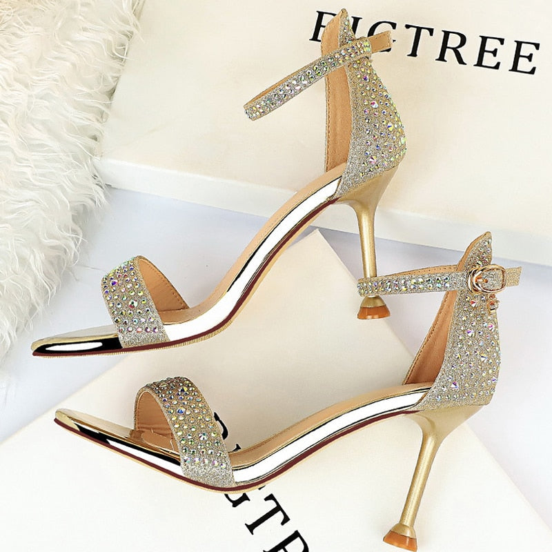 BIGTREE Shoes Sexy High Heels Women Pumps Sparkle Sequins Stiletto Heels 10 Cm Party Shoes Women Heels Summer Women Sandals New 1688-3-gold8.5cm