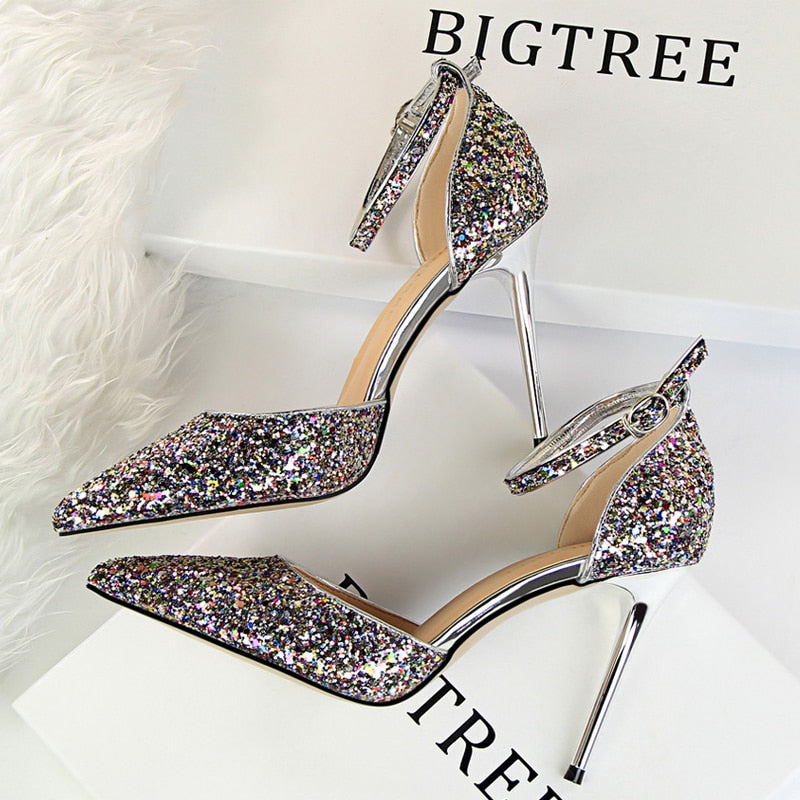 BIGTREE Shoes Sexy High Heels Women Pumps Sparkle Sequins Stiletto Heels 10 Cm Party Shoes Women Heels Summer Women Sandals New 283-1multicolor9.5cm