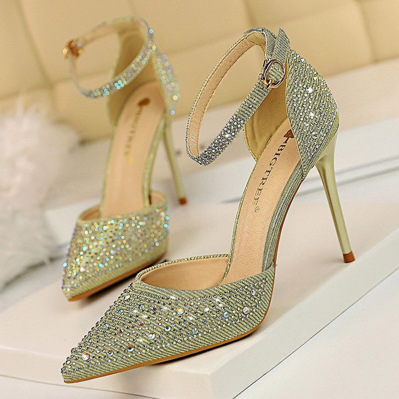 BIGTREE Shoes Shiny Rhinestones High Heels Ladies Shoes Women Pumps Stiletto Sweet Women Heels Wedding Shoes Women Sandals 10 Cm gold