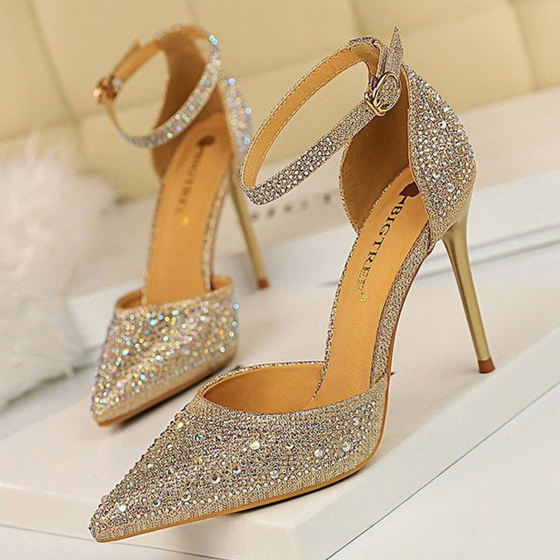 BIGTREE Shoes Shiny Rhinestones High Heels Ladies Shoes Women Pumps Stiletto Sweet Women Heels Wedding Shoes Women Sandals 10 Cm Champagne