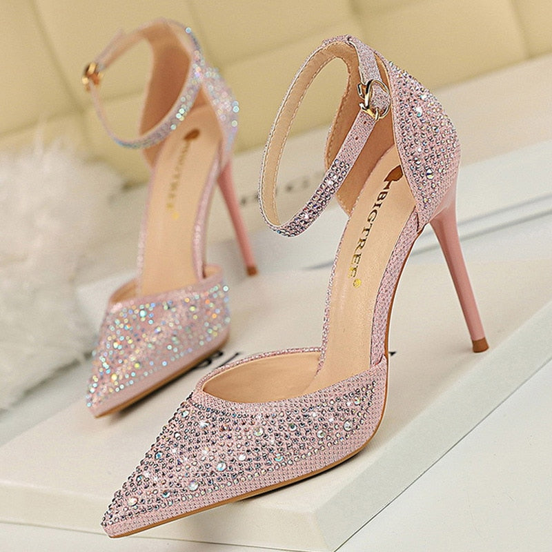 BIGTREE Shoes Shiny Rhinestones High Heels Ladies Shoes Women Pumps Stiletto Sweet Women Heels Wedding Shoes Women Sandals 10 Cm pink