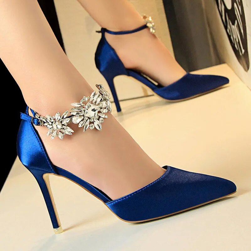 BIGTREE Shoes Women High Heels Rhinestone Woman Pumps Stiletto Silk Satin Women Heels Shoes Ladies Wedding Shoes Women Sandals blue