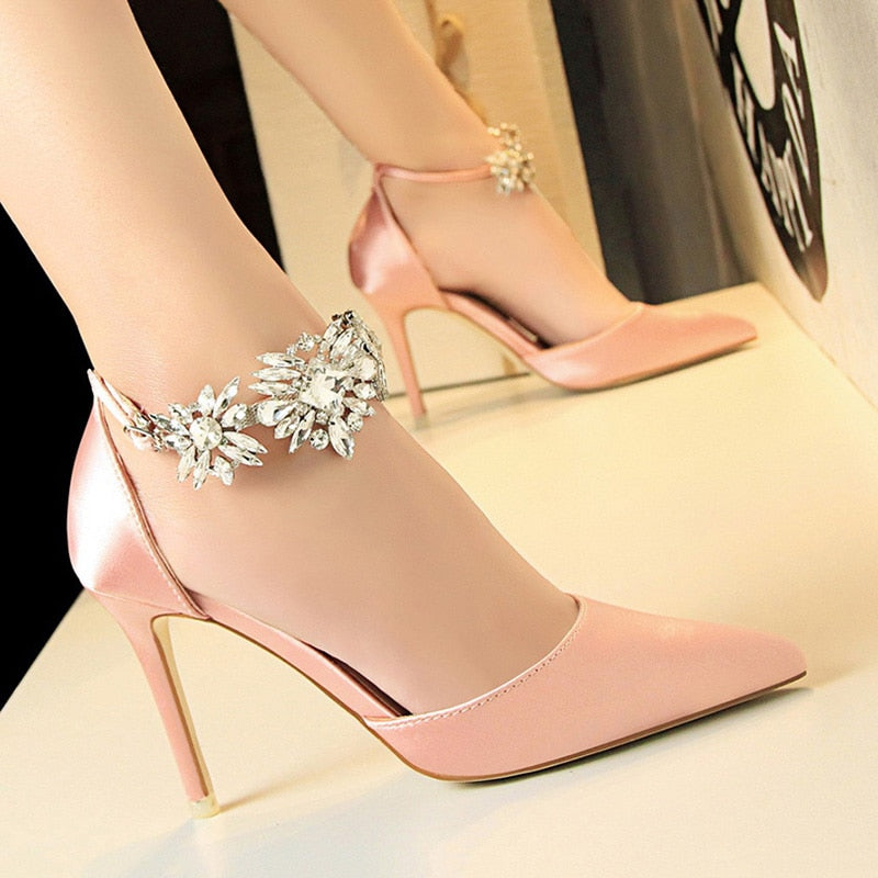 BIGTREE Shoes Women High Heels Rhinestone Woman Pumps Stiletto Silk Satin Women Heels Shoes Ladies Wedding Shoes Women Sandals pink