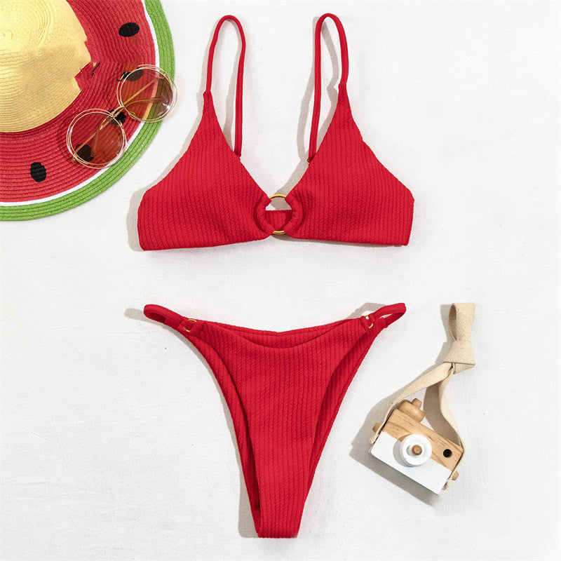 BIKINI Style Lns Solid Color Swimsuit Red