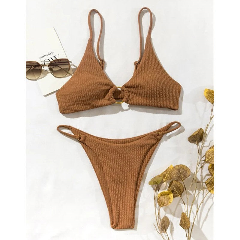 BIKINI Style Lns Solid Color Swimsuit Brown S