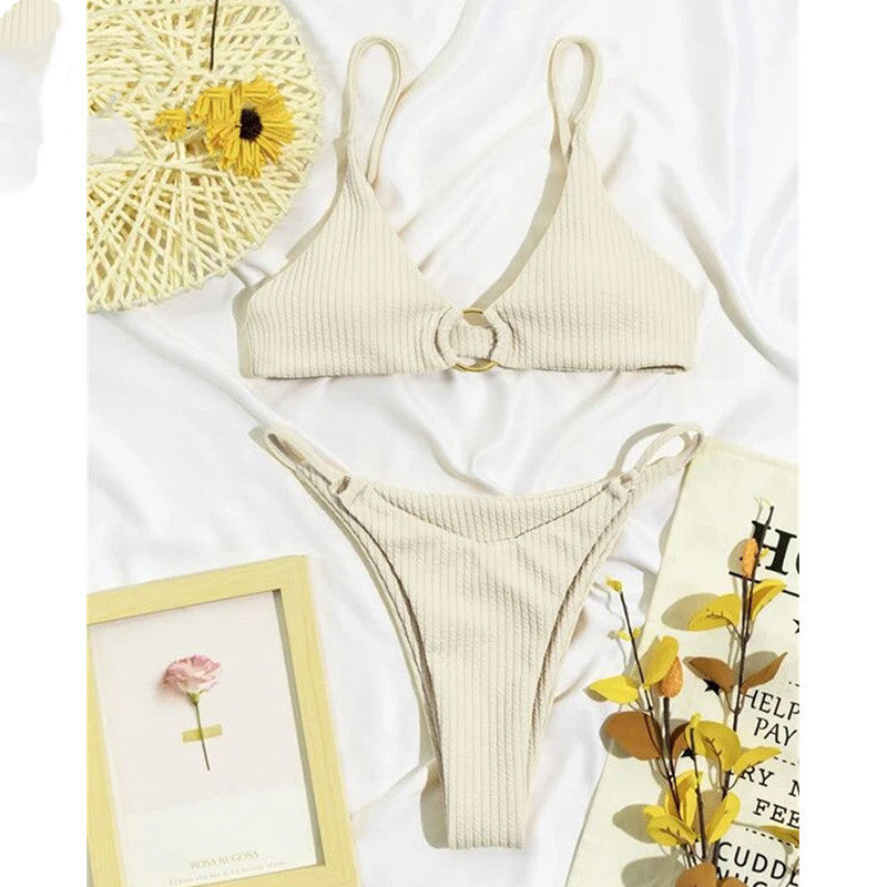 BIKINI Style Lns Solid Color Swimsuit Beige