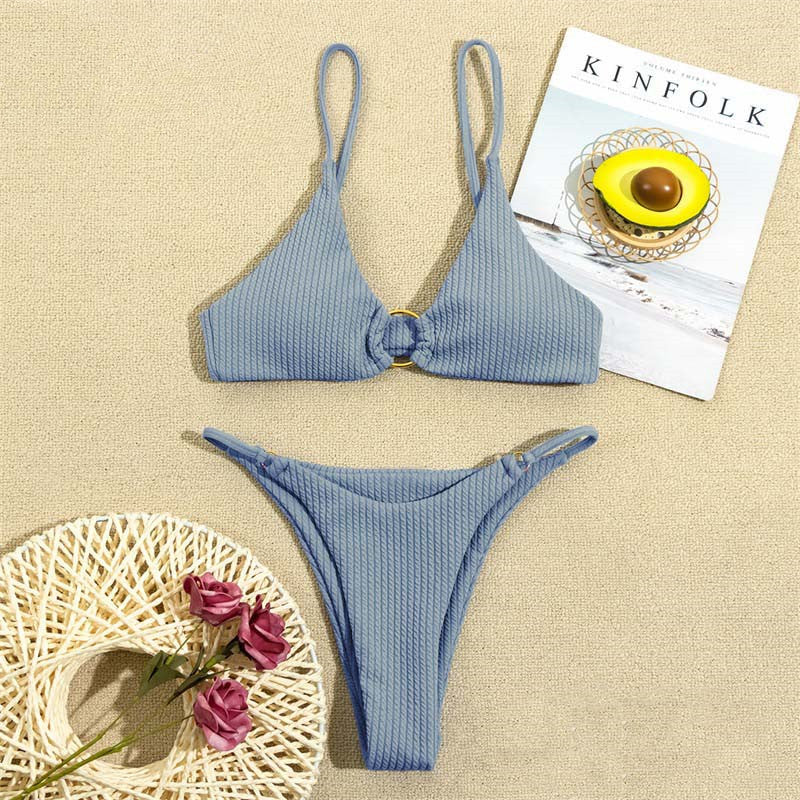 BIKINI Style Lns Solid Color Swimsuit Fog blue XL