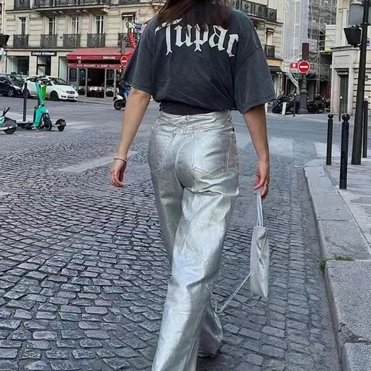 BKQU American Silver High Waist Wide Leg Jeans For Women Summer Chic Metallic Shiny Straight Baggy Denim Pants All-match Trouser
