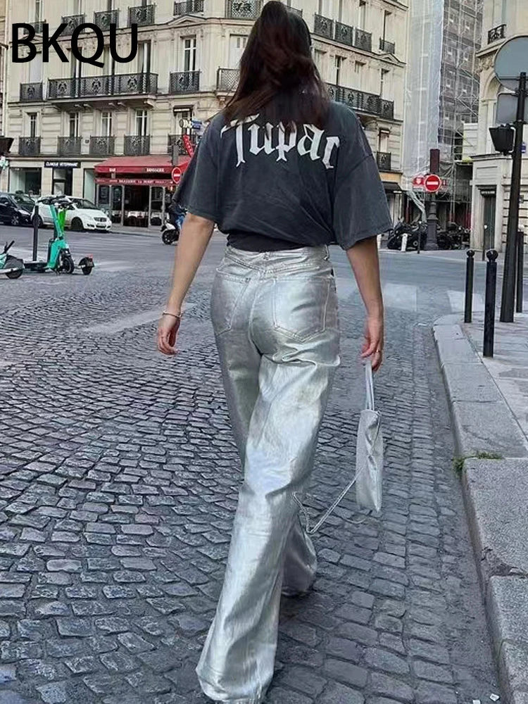 BKQU American Silver High Waist Wide Leg Jeans For Women Summer Chic Metallic Shiny Straight Baggy Denim Pants All-match Trouser