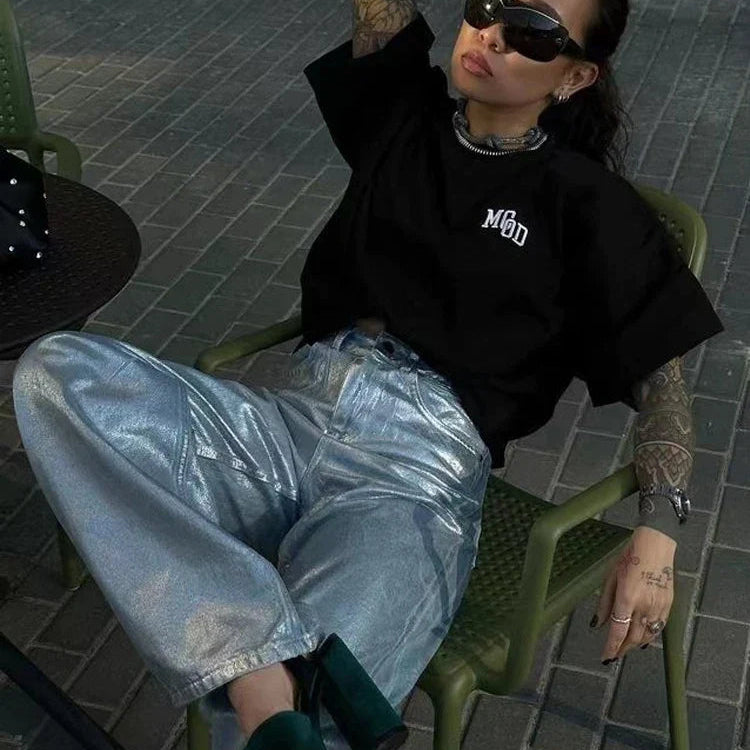 BKQU American Silver High Waist Wide Leg Jeans For Women Summer Chic Metallic Shiny Straight Baggy Denim Pants All-match Trouser Light blue