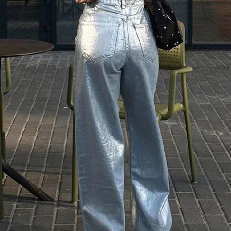 BKQU American Silver High Waist Wide Leg Jeans For Women Summer Chic Metallic Shiny Straight Baggy Denim Pants All-match Trouser