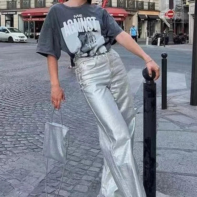 BKQU American Silver High Waist Wide Leg Jeans For Women Summer Chic Metallic Shiny Straight Baggy Denim Pants All-match Trouser Silver
