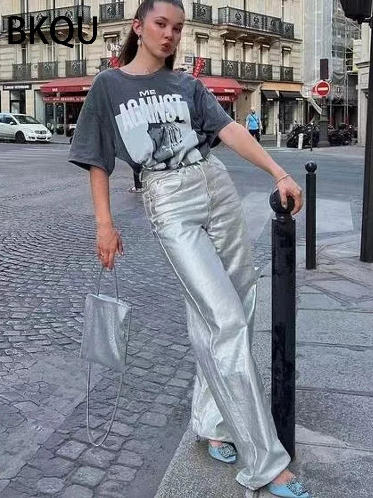 BKQU American Silver High Waist Wide Leg Jeans For Women Summer Chic Metallic Shiny Straight Baggy Denim Pants All-match Trouser Silver
