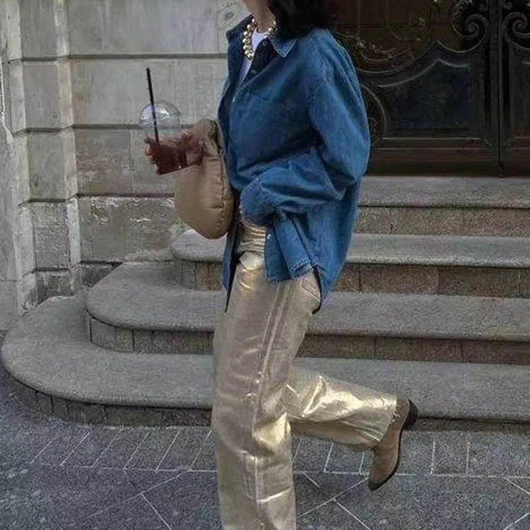 BKQU American Silver High Waist Wide Leg Jeans For Women Summer Chic Metallic Shiny Straight Baggy Denim Pants All-match Trouser Hot gold color