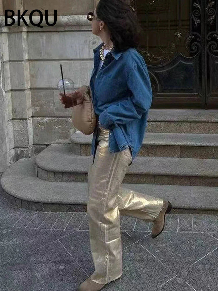 BKQU American Silver High Waist Wide Leg Jeans For Women Summer Chic Metallic Shiny Straight Baggy Denim Pants All-match Trouser Hot gold color