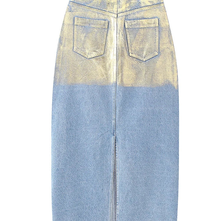 BKQU Elegant Split Straight Denim Skirts Women 2023 Fashion High Waist Office Ladies Long Skirt Basic Contrast Color Maxi Skirts