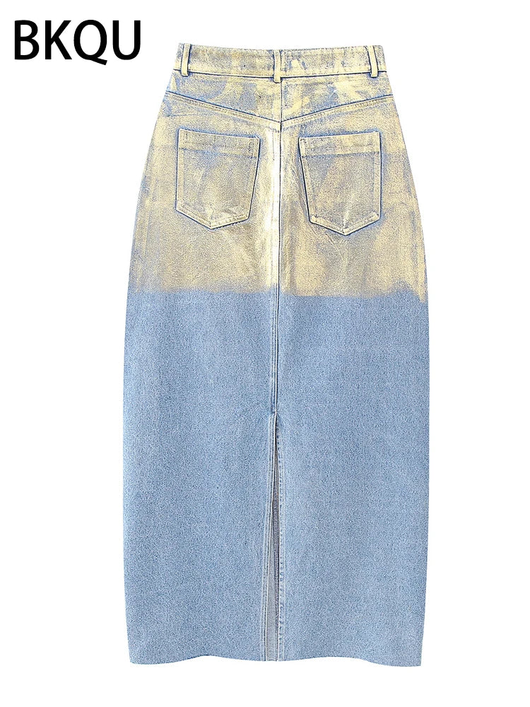 BKQU Elegant Split Straight Denim Skirts Women 2023 Fashion High Waist Office Ladies Long Skirt Basic Contrast Color Maxi Skirts