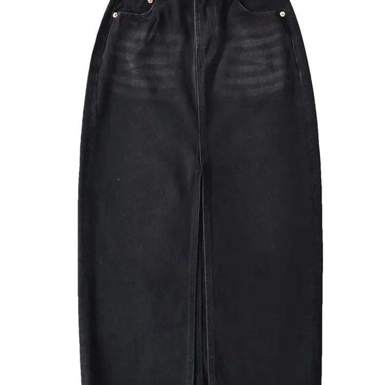 BKQU Elegant Split Straight Denim Skirts Women 2023 Fashion High Waist Office Ladies Long Skirt Basic Contrast Color Maxi Skirts Black Skirts