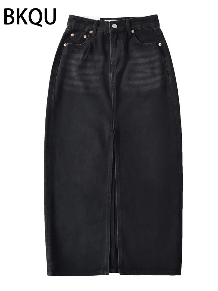 BKQU Elegant Split Straight Denim Skirts Women 2023 Fashion High Waist Office Ladies Long Skirt Basic Contrast Color Maxi Skirts Black Skirts