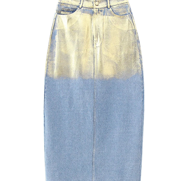 BKQU Elegant Split Straight Denim Skirts Women 2023 Fashion High Waist Office Ladies Long Skirt Basic Contrast Color Maxi Skirts Skirts