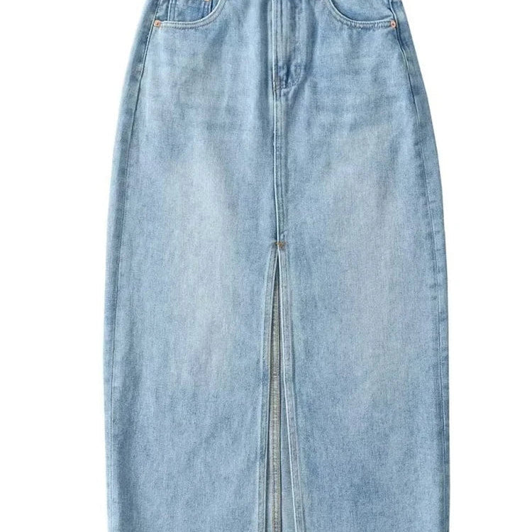 BKQU Elegant Split Straight Denim Skirts Women 2023 Fashion High Waist Office Ladies Long Skirt Basic Contrast Color Maxi Skirts Blue Skirts
