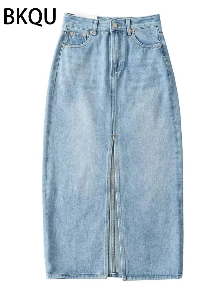 BKQU Elegant Split Straight Denim Skirts Women 2023 Fashion High Waist Office Ladies Long Skirt Basic Contrast Color Maxi Skirts Blue Skirts