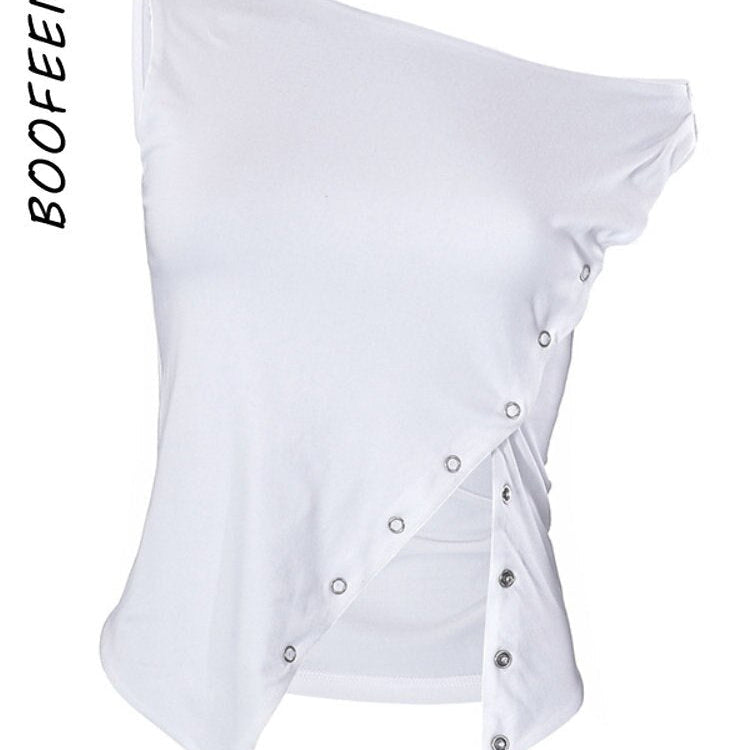 BOOFEENAA Asymmetrical Sleeveless T Shirt Button Split One Shoulder Cropped Tank Tops Womens Clothing Summer 2024 C85-CZ14