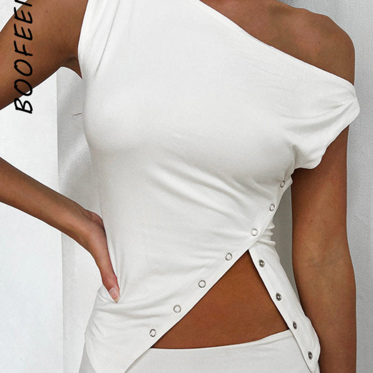 BOOFEENAA Asymmetrical Sleeveless T Shirt Button Split One Shoulder Cropped Tank Tops Womens Clothing Summer 2024 C85-CZ14