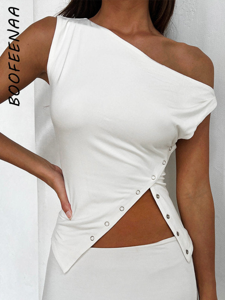 BOOFEENAA Asymmetrical Sleeveless T Shirt Button Split One Shoulder Cropped Tank Tops Womens Clothing Summer 2024 C85-CZ14