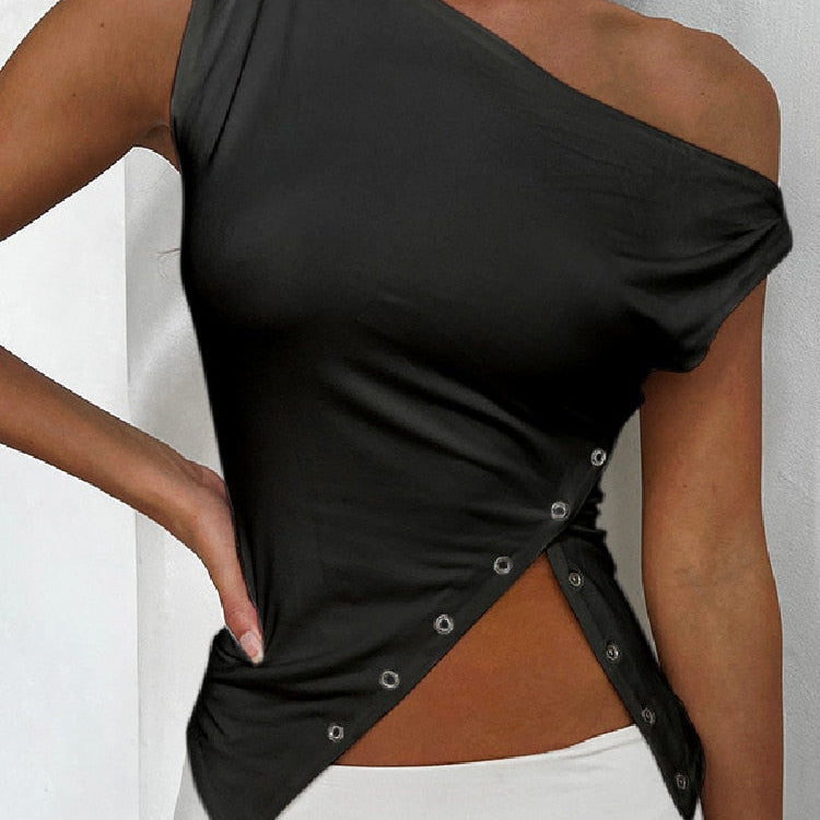 BOOFEENAA Asymmetrical Sleeveless T Shirt Button Split One Shoulder Cropped Tank Tops Womens Clothing Summer 2024 C85-CZ14 Black