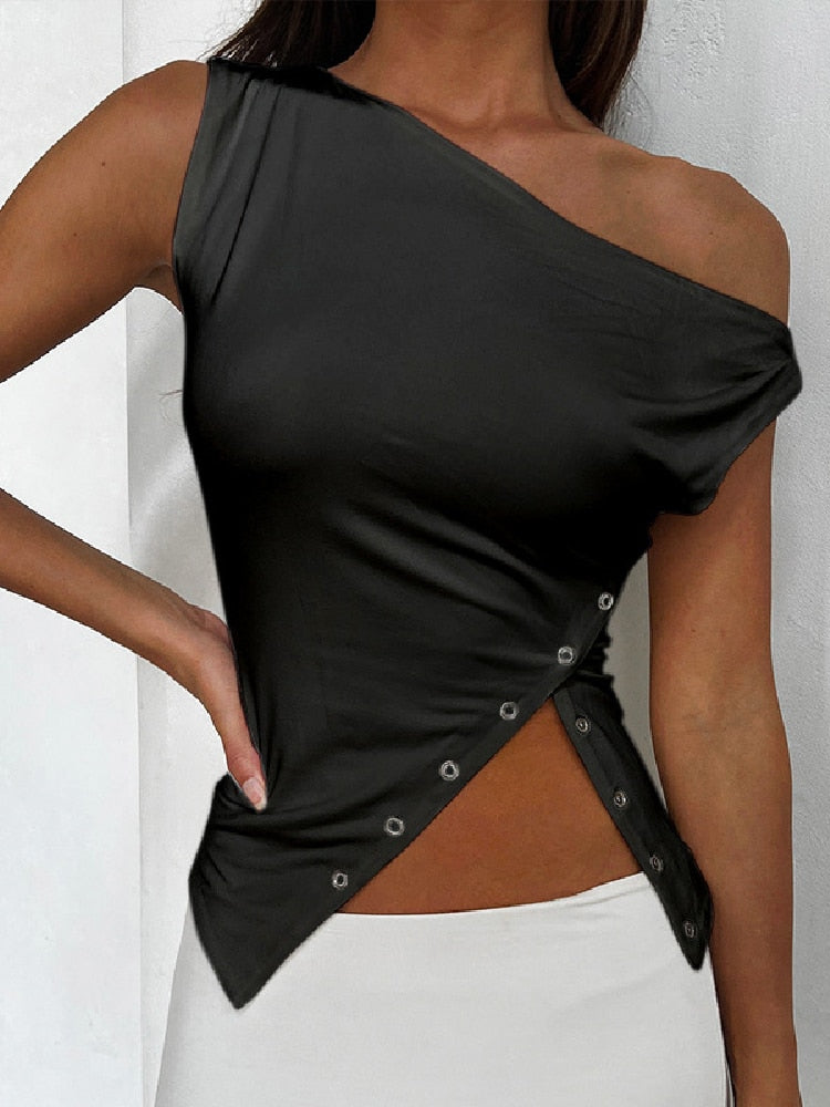 BOOFEENAA Asymmetrical Sleeveless T Shirt Button Split One Shoulder Cropped Tank Tops Womens Clothing Summer 2024 C85-CZ14 Black