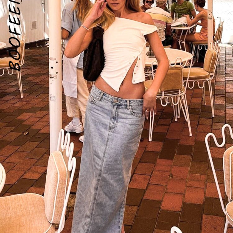 BOOFEENAA Asymmetrical Sleeveless T Shirt Button Split One Shoulder Cropped Tank Tops Womens Clothing Summer 2024 C85-CZ14