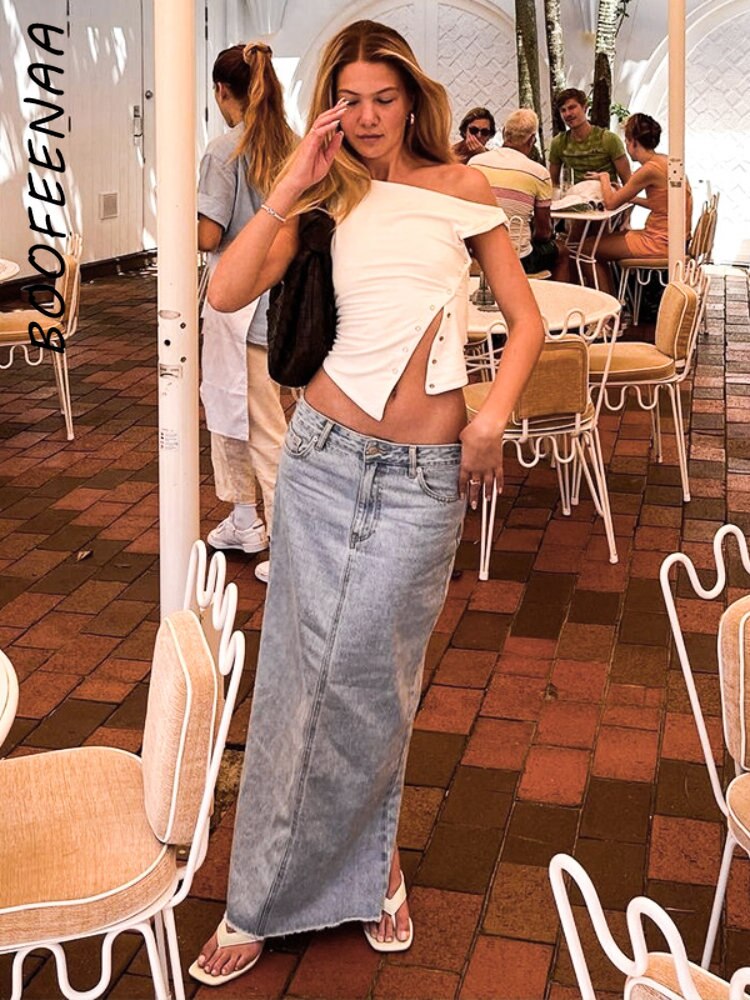 BOOFEENAA Asymmetrical Sleeveless T Shirt Button Split One Shoulder Cropped Tank Tops Womens Clothing Summer 2024 C85-CZ14