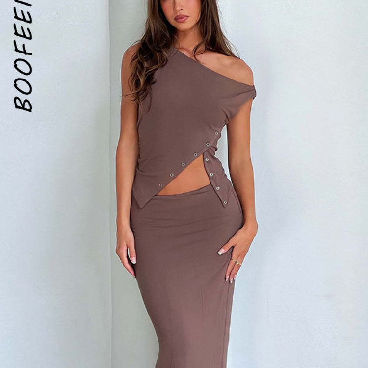 BOOFEENAA Asymmetrical Sleeveless T Shirt Button Split One Shoulder Cropped Tank Tops Womens Clothing Summer 2024 C85-CZ14